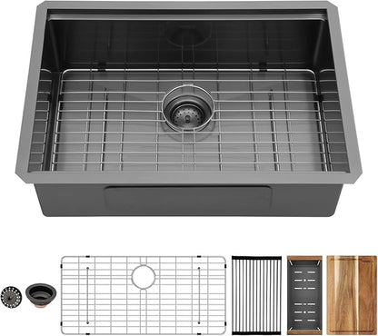 27 Inch Black Undermount Kitchen Sinks Workstation - Couoko Gunmetal Black 16 Gauge Stainless Steel Single Bowl Undermount Sink with Accessories, 27"x19"x9"