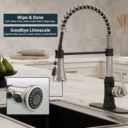 BWE Kitchen Faucet with Pull Down Sprayer, 3 Function High Arc Farmhouse Commercial Bar Sink Faucet, Black and Brushed Nickel Kitchen Sink Faucets