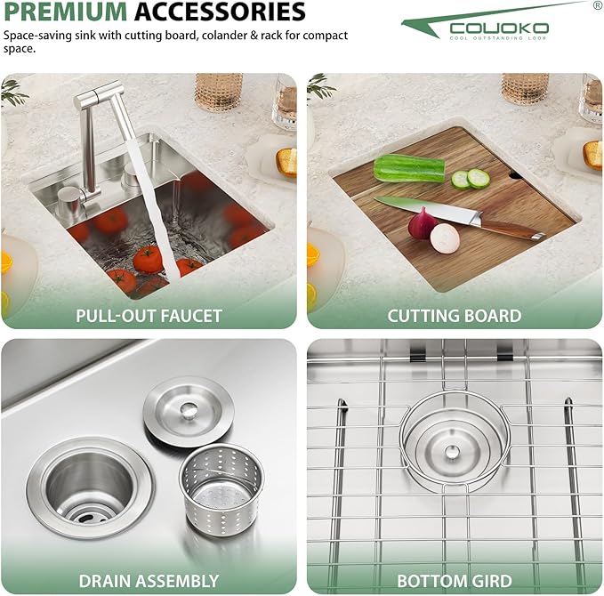 13x15 Inch Outdoor Sink Undermount RV Sink Workstation 16 Gauge Stainless Steel Single Bowl Handmade Concealed Outdoor Kitchen Sinks With Folding Faucet 13"x15"x9"