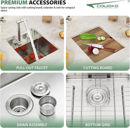 13x15 Inch Outdoor Sink Undermount RV Sink Workstation 16 Gauge Stainless Steel Single Bowl Handmade Concealed Outdoor Kitchen Sinks With Folding Faucet 13"x15"x9"