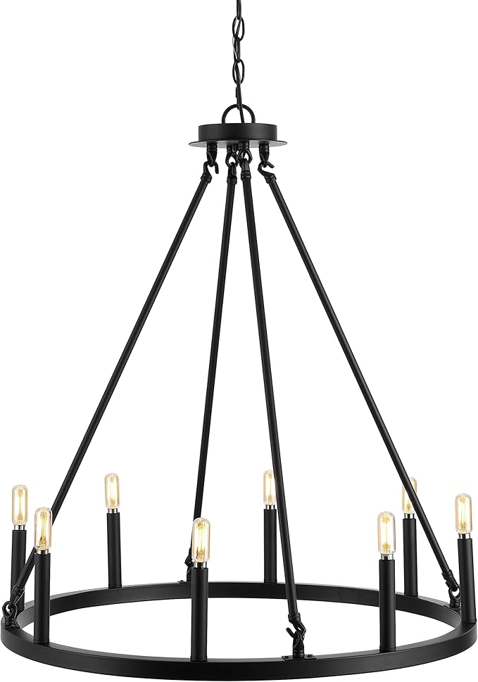 JONATHAN Y 28" Oil Rubbed Bronze 8-Light Wagon Wheel Chandelier, Classic Industrial Iron Ring Pendant for Dining Room, Kitchen, Foyer, Rustic Farmhouse Hanging Light, LED Bulbs Included JYL7496A