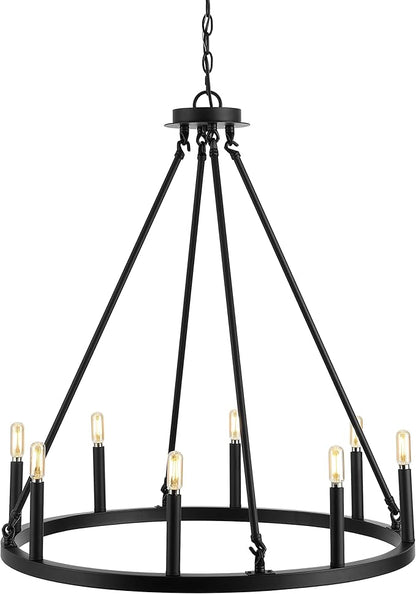 JONATHAN Y 28" Oil Rubbed Bronze 8-Light Wagon Wheel Chandelier, Classic Industrial Iron Ring Pendant for Dining Room, Kitchen, Foyer, Rustic Farmhouse Hanging Light, LED Bulbs Included JYL7496A