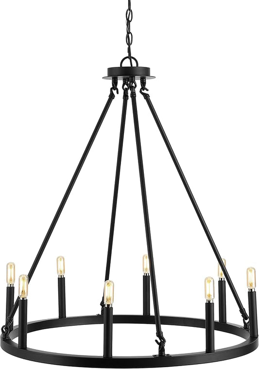 JONATHAN Y 28" Oil Rubbed Bronze 8-Light Wagon Wheel Chandelier, Classic Industrial Iron Ring Pendant for Dining Room, Kitchen, Foyer, Rustic Farmhouse Hanging Light, LED Bulbs Included JYL7496A