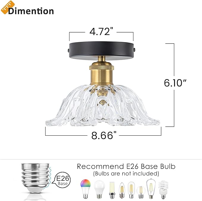 1-Light Vintage Semi Flush Mount Ceiling Light, Black and Gold Glass Shade Close to Ceiling Light Fixture, E26 Base Retro Lighting for Hallway Entryway Kitchen Bedroom