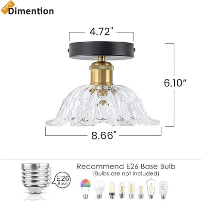 1-Light Vintage Semi Flush Mount Ceiling Light, Black and Gold Glass Shade Close to Ceiling Light Fixture, E26 Base Retro Lighting for Hallway Entryway Kitchen Bedroom
