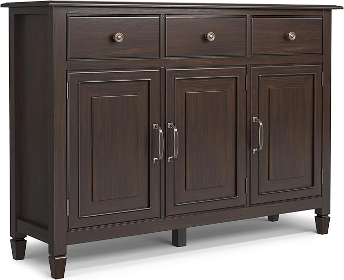 SIMPLIHOME Connaught 51-inch Wide Solid Wood Storage Cabinet in Chestnut Brown for the Entryway, Mudroom, 3 Drawers and Adjustable Shelves, Traditional Style, Space-Saving Design
