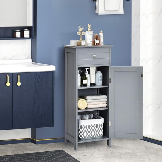 Bathroom Floor Cabinet, Freestanding Side Floor Storage Cabinet, 1 Large Drawer and 2 Adjustable Shelves, Modern Storage Cabinet Bathroom Storage Cabinet for Narrow Space (Grey)