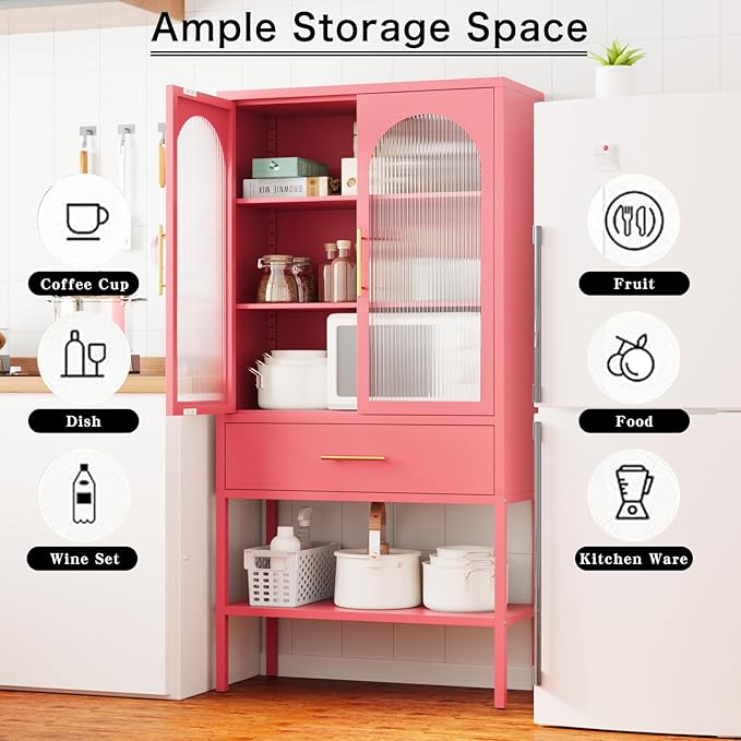 ALBAD 63 Inch Tall Metal Pantry/Display/Storage Cabinet with Fluted Glass Doors and Drawer & Adjustable Shelf for Modern Home Office Living Room Kitchen Pink