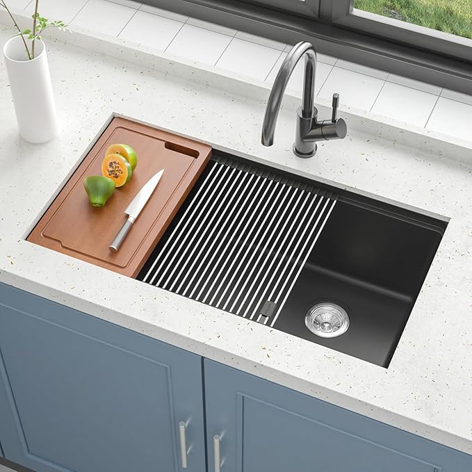 33 Inch Granite Undermount Kitchen Sink, TECASA Utility Composite Single Bowl Kitchen Sink with Workstation and Accessories, Black (33 × 18 Inch)