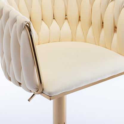 Rhomtree 24-32 Inch Swivel Bar Stools, Adjustable Counter Height Barstools with Nailheads Trim, Velvet Woven Tufted Back and Golden Footrest, Upholstered Bar Chairs Bar Kitchen Island(Ivory Set of 8)