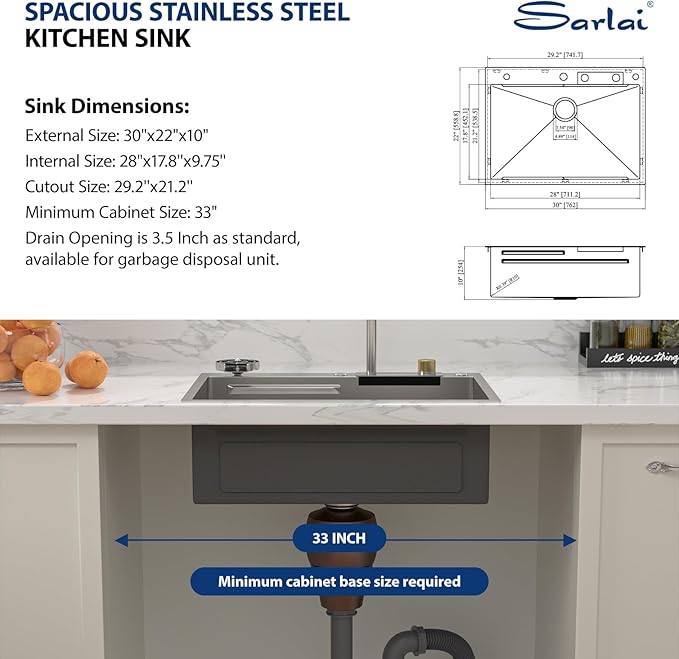 Sarlai 30 Inch Waterfall Kitchen Sink Drop In - 30x22 Waterfall Drop Workstation Stainless Steel 16 Gauge Multifunction Single Bowl Smart Top Mount Kitchen Sink with Faucet Combo