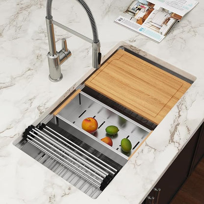 33 Inch Undermount Kitchen Sink Workstation - Couoko 33x19 Inch Undermount Single Bowl Workstation Sink 16 Gauge Stainless Steel Deep Handmade Under Counter Kitchen Sink with Accessories