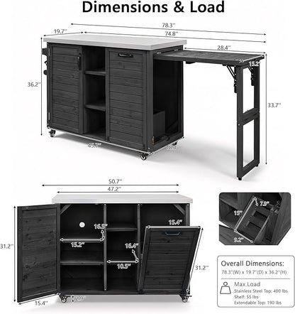 78.3" Outdoor Kitchen Island with Foldable Grill Table & Storage, Wooden Cart with Stainless Steel Top, Trash Can Holder, Bar Cart for Patio Lawn Garden (78.3‘’+Black)
