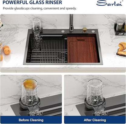 Sarlai black Waterfall Kitchen Sink - 28x22 Black Waterfall Drop In Workstation Sink Stainless Steel 16 Gauge Sinks Multifunction Single Bowl Smart Top Mount Kitchen Sinks with Faucet Combo