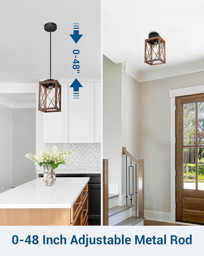 DEWENWILS 2 Pack Farmhouse Pendant Light, Metal Hanging Light Fixture with Wooden Grain Finish, 48 Inch Adjustable Pipes for Flat and Slop Ceiling, Kitchen Island, Bedroom, Dining Hall, ETL Listed