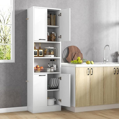 75” Kitchen Pantry Cabinet, Tall Freestanding Kitchen Hutch with 4 Doors, 2 Open Shelves & 4 Anti-Tipping Devices, Bathroom Storage Cabinet for Living Room, Dining Room (White)