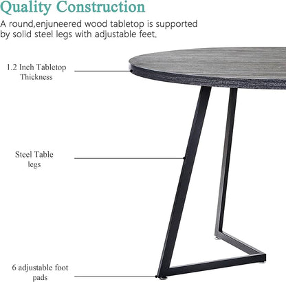 VECELO Round Dining Table Set for 4, Wood Tabletop & Heavy-Duty Steel Frame, 7-Piece Dinette with Chairs for Kitchen, Breakfast Nook, Dark Grey & Black