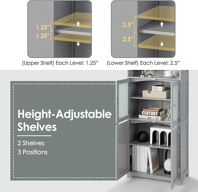 Tangkula Tall Bathroom Storage Cabinet, Freestanding Floor Cabinet w/2 Glass Doors & 2 Open Shelves, 3-Position Adjustable Shelves, Anti-toppling Design, 64” Tall Pantry Cupboard for Kitchen