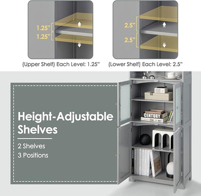 Tangkula Tall Bathroom Storage Cabinet, Freestanding Floor Cabinet w/2 Glass Doors & 2 Open Shelves, 3-Position Adjustable Shelves, Anti-toppling Design, 64” Tall Pantry Cupboard for Kitchen