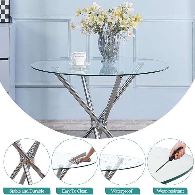 Round Glass Dining Table,Clear Kitchen Table with Tempered Glass Tabletop and Tripod Chrome Legs,Round Glass Table for Restaurant/Dining Room 35.43" D x 35.43" W x 29.5" H (Silver- 4 Legs)