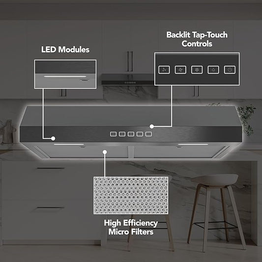 Broan-NuTone 36 Inch Glacier Under Cabinet Range Hood, ENERGY STAR, 350 Max Blower CFM - Electric Rangehood and Exhaust for Kitchen Stove Cooking and Ventilation, Black Stainless Steel