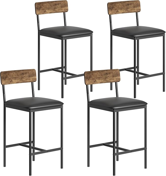 TrailBlaze Bar Stools Set of 4, 37'' Counter Height Kitchen Barstools with Backrest, Thick PU Upholstered Cushion - Metal Legs, Footrest - Kitchen Island, Dining Room, Breakfast Bar - Rustic Brown