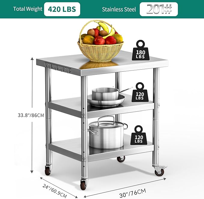YITAHOME NSF Stainless Steel Table, 30" X 24" Work Table with Wheels, 3 Shelves Metal Table Prep Table for Home Kitchen Restaurant Garage Warehouse Outdoor