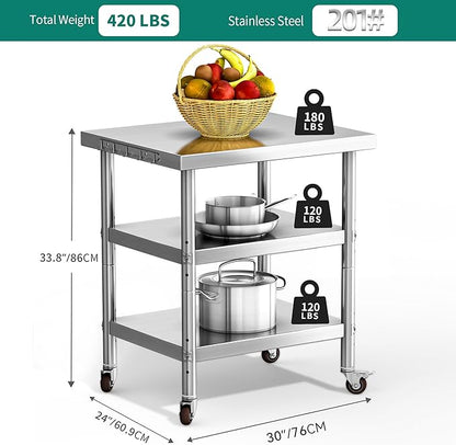 YITAHOME NSF Stainless Steel Table, 30" X 24" Work Table with Wheels, 3 Shelves Metal Table Prep Table for Home Kitchen Restaurant Garage Warehouse Outdoor
