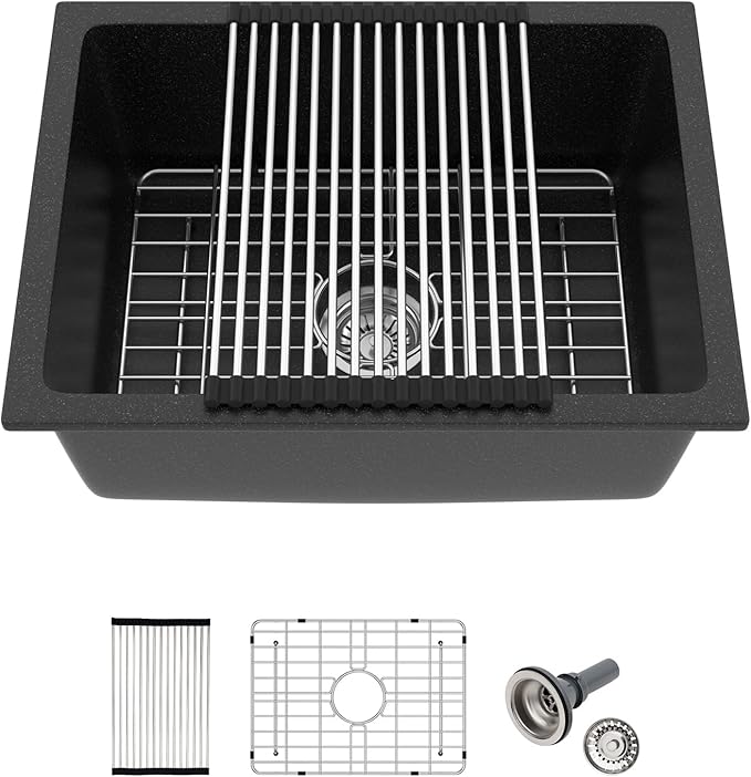 Black Undermount Kitchen Sink 22"x17" Granite Composite Bar Sink Black Small Granite Sink Undermount Quartz Modern Under Counter Ledge Single Bowl Kitchen Sinks Basin Deep Sink,LOF-Q456V