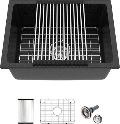 Black Undermount Kitchen Sink 22"x17" Granite Composite Bar Sink Black Small Granite Sink Undermount Quartz Modern Under Counter Ledge Single Bowl Kitchen Sinks Basin Deep Sink,LOF-Q456V