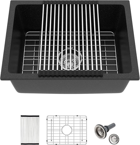 Black Undermount Kitchen Sink 22"x17" Granite Composite Bar Sink Black Small Granite Sink Undermount Quartz Modern Under Counter Ledge Single Bowl Kitchen Sinks Basin Deep Sink,LOF-Q456V