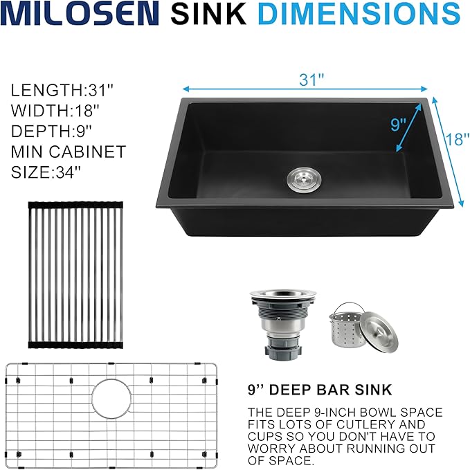 MILOSEN Black Kitchen Sink 31×18×9 Inch, Undermount/Drop In Granite Composite Quartz Single Bowl Sink, Large Deep Undermount Kitchen Sinks with Custom Accessories