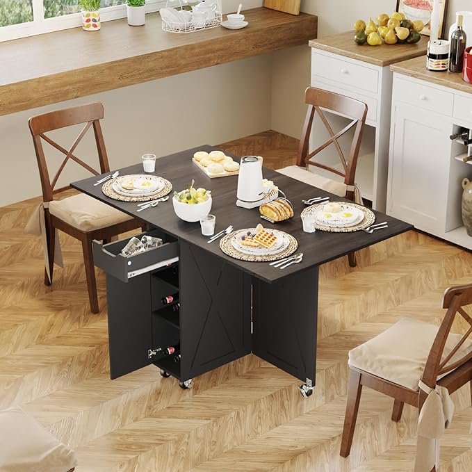 3imothrix Folding Dining Table, Small Dining Table, Space Saving Dining Table with 6 Wheels, Kitchen Table Sewing Table for Small Spaces (Black Dark Brown)