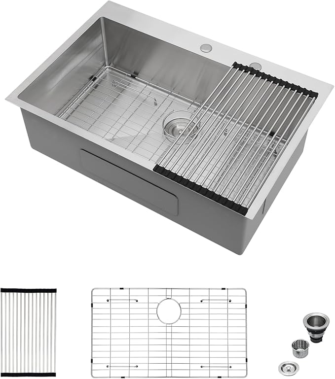 Mocoloo 30 x 22 Kitchen Sink Drop in - 30 Inch Stainless Steel Kitchen Sinks Topmount 16 Gauge Single Bowl Above Counter Handmade Sink, 10'' Deep Basin