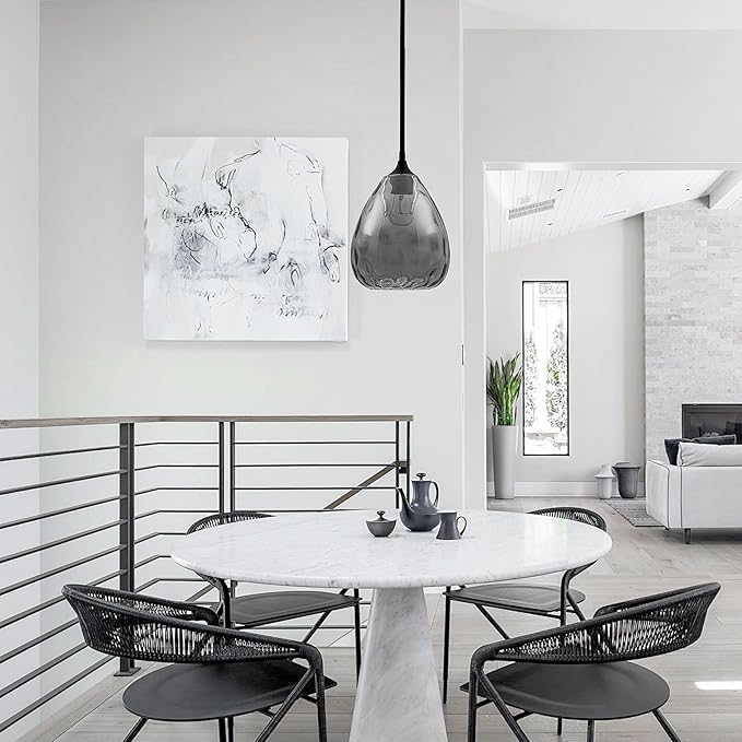 Smoked Hammered Glass Pendant Light with Matte Black Accent, Adjustable Hanging Lamp for Kitchen, Dining Room, and Living Room (Black & Smoked Glass)