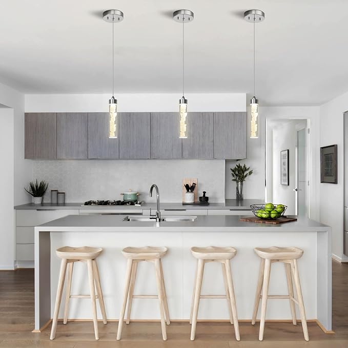 Pendant Lights Kitchen Island 3 Pack,3CCT Modern Crystal Stone Pendant Light Fixtures,Dimmable LED Kitchen Island Lighting,Adjustable Chrome Hanging Light Fixture for Dining Room Hallway, ETL Listed