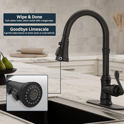 BWE Black Kitchen Faucet with Pull Down Sprayer, Solid Brass High Arc Single Handle Sink Faucet for Farmhouse Kitchen, 3 Spray Modes
