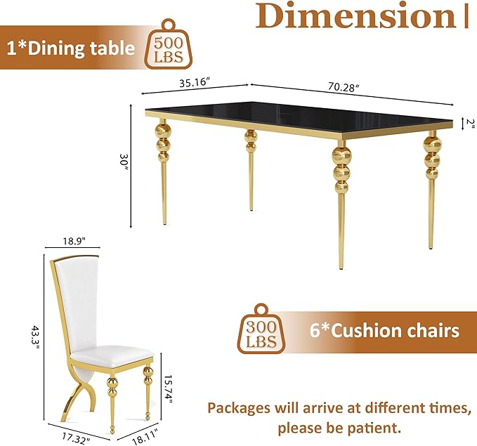 Glass Dining Table Set for 6, Luxurious 70 Inch Rectangular Glass Kitchen Table with 6 White High Back Leather Chairs, for Dining Room, Restaurant, Living Room (Black Top)