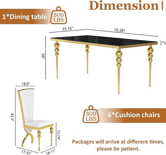 Glass Dining Table Set for 6, Luxurious 70 Inch Rectangular Glass Kitchen Table with 6 White High Back Leather Chairs, for Dining Room, Restaurant, Living Room (Black Top)