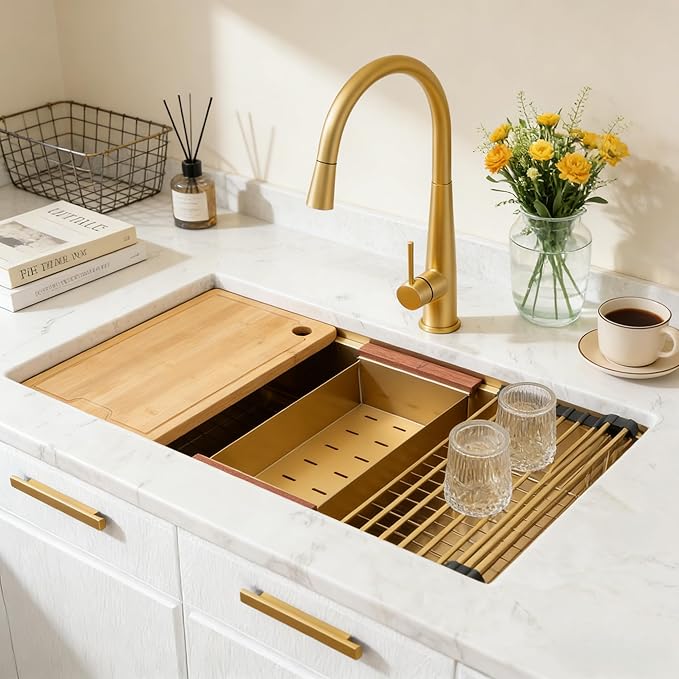 MILOSEN 33 Inch Gold Undermount Kitchen Sink,33" x 19" Gold Stainless Steel Sinks, Single Bowl Workstation Sink with Custom Accessories, Handmade Under Counter Design, 9'' Large and Deep Kitchen Sinks