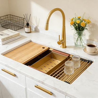 MILOSEN 33 Inch Gold Undermount Kitchen Sink,33" x 19" Gold Stainless Steel Sinks, Single Bowl Workstation Sink with Custom Accessories, Handmade Under Counter Design, 9'' Large and Deep Kitchen Sinks