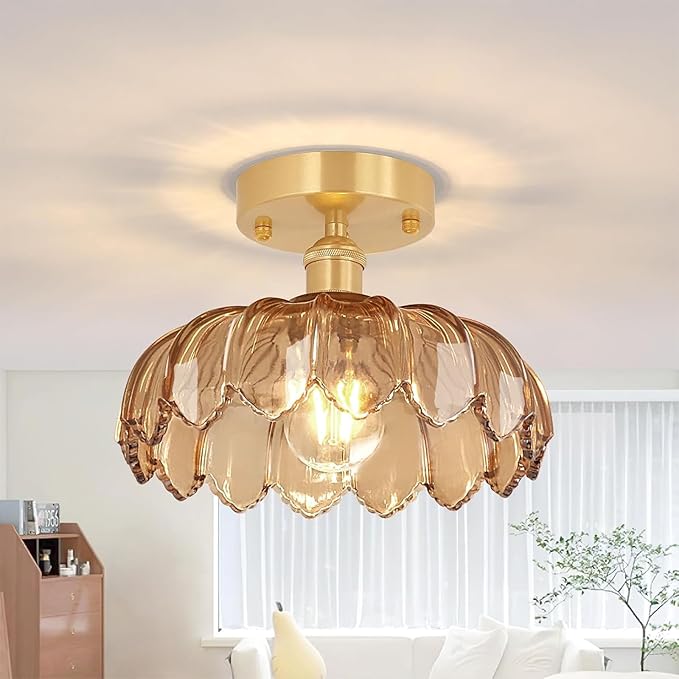 Shenmoyl Semi Flush Mount Gold Vintage Lights Fixture with Amber Peony Glass, Bulb Included, 4.72" Base Modern Ceiling Light for Kitchen Bedroom