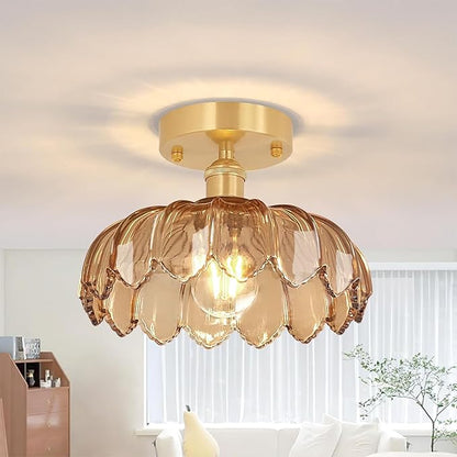 Shenmoyl Semi Flush Mount Gold Vintage Lights Fixture with Amber Peony Glass, Bulb Included, 4.72" Base Modern Ceiling Light for Kitchen Bedroom