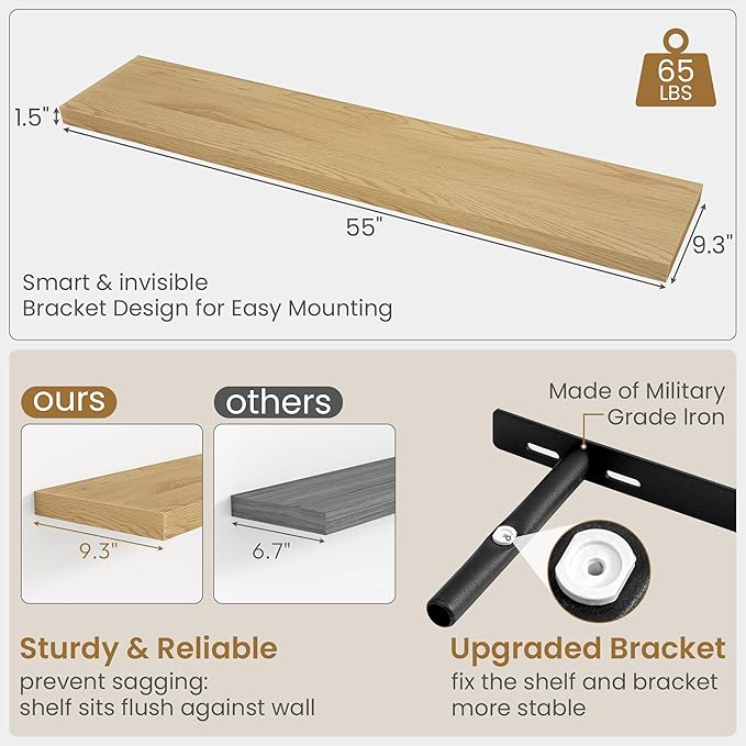 55"W x 9.3"D Floating Shelves for Wall, Wall Mounted Bathroom Shelves 2 Pack Deep Floating Shelf for Bedroom Kitchen Living Room, Rustic Wooden Wall Shelf with Invisible Bracket for Books Decor