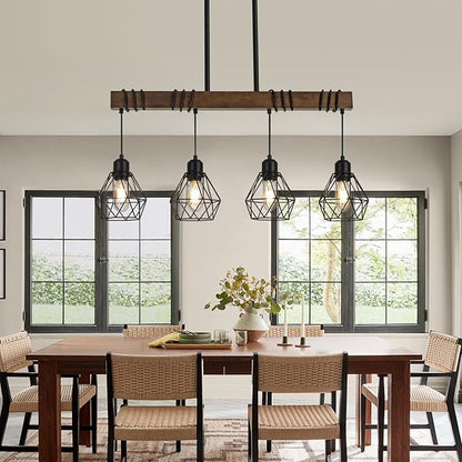 29.5 ‘’ 4-Light Kitchen Chandeliers Over Table, Farmhouse Black Dining Room Light Fixture, Linear Rustic Wood Ceiling Pendant Island Light Fixtures with Metal Lampshade, Height Adjustable