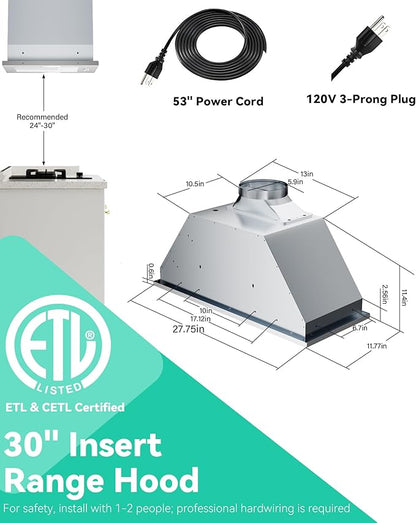 30 inch Stainless Steel Insert Range Hood - 900 CFM, Gesture Control, Ultra-Quiet 4-Speed Vent, LED Lights, Ducted/Ductless Convertible