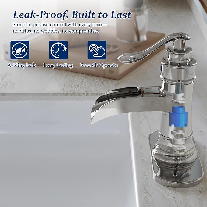 BWE Chrome Waterfall Bathroom Faucet, Single Handle One Hole Sink Faucet with Pop Up Drain and Water Supply Line for Vanity Basin, Solid Brass Construction
