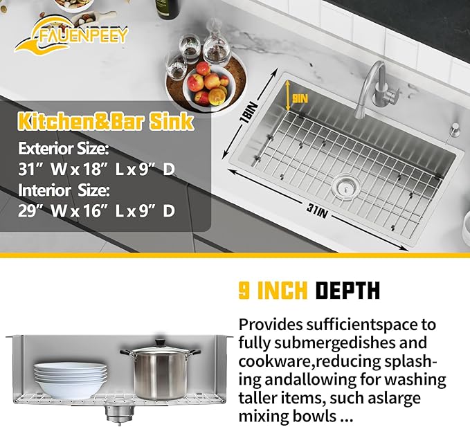 31x18 Inch Stainless Steel Kitchen Sink-Undermount Single Bowl Drop In Kitchen Sink Stylish And Modern Look Come With Bottom Grid,Silicon Mat And Drain Assembly Add Elegance & Enhance Usability