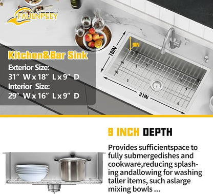 31x18 Inch Stainless Steel Kitchen Sink-Undermount Single Bowl Drop In Kitchen Sink Stylish And Modern Look Come With Bottom Grid,Silicon Mat And Drain Assembly Add Elegance & Enhance Usability
