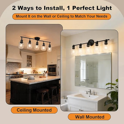 HiBay 5-Light Black Track Lighting Fixtures Ceiling, Multi Directional Foldable Glass Spotlight, Modern Farmhouse Industrial Track Light for Kitchen, Living Room, Home Office, E26 Base